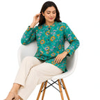 Women’s Teal Blue Printed Jacket – Full Sleeve Floral Button-Front Longline Jacket-3