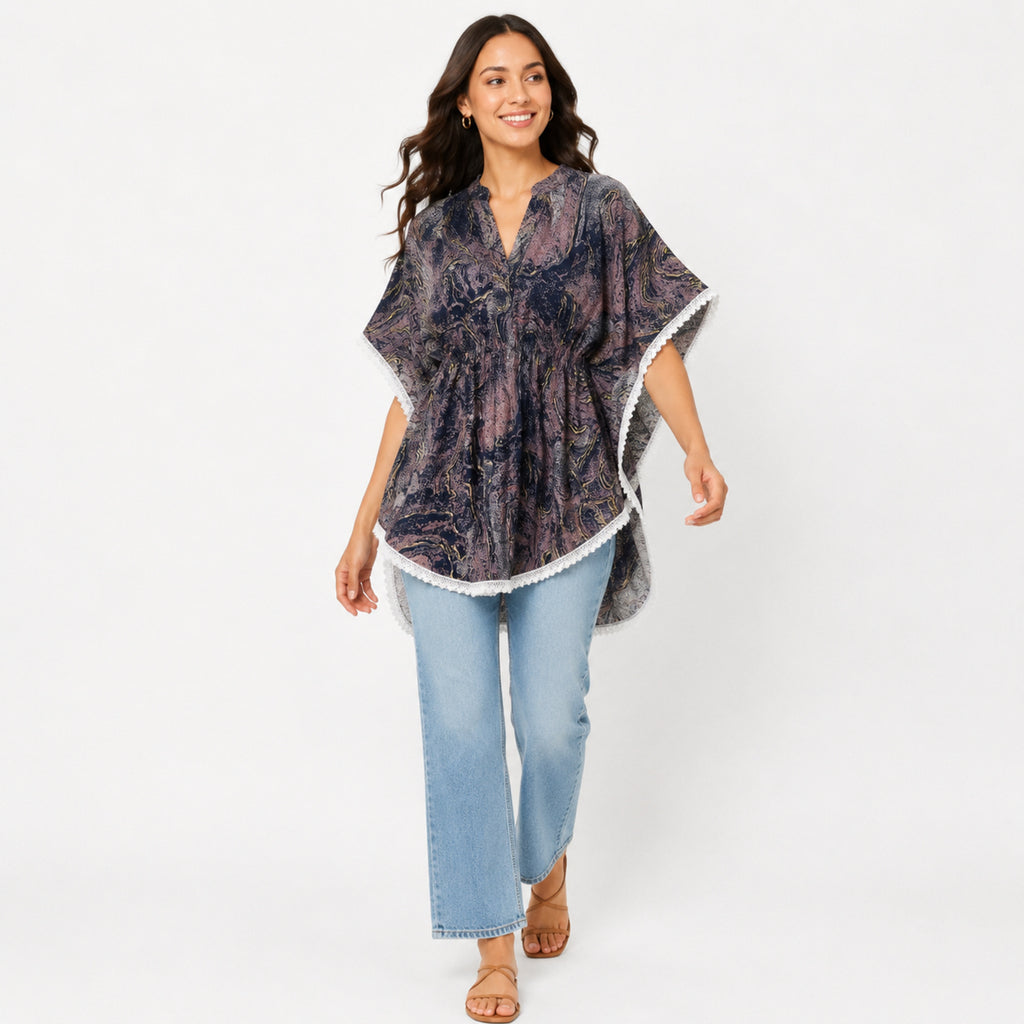 Women's Multicolor Abstract Printed Kaftan Top with Lace Border-1