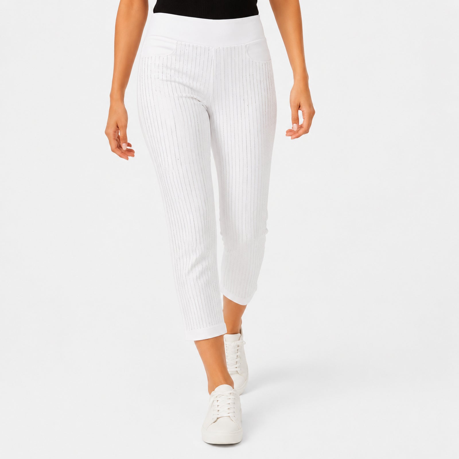 Women's Pristine White Textured Pinstripe Cropped Trousers-1
