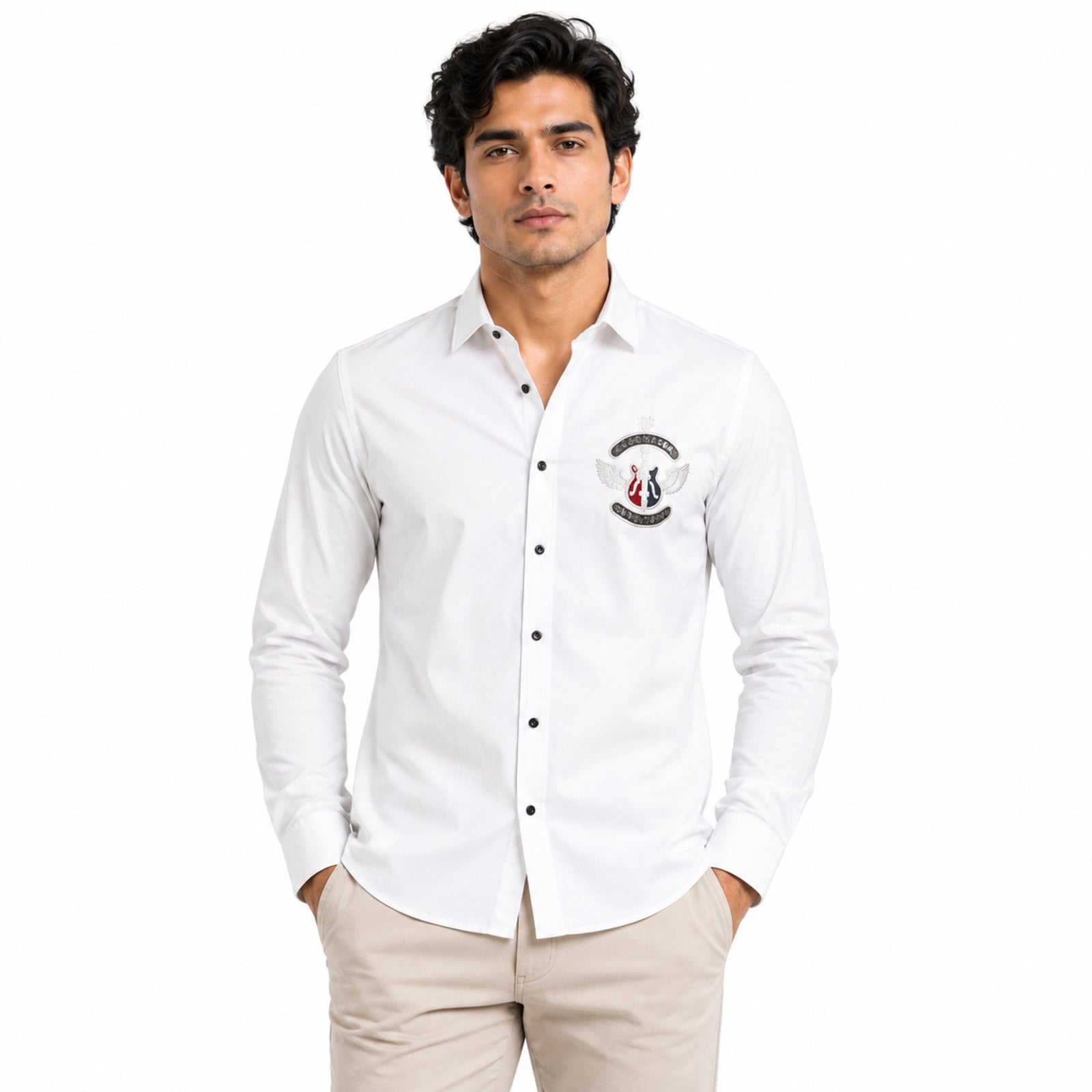 Men's Alpine Guitar Crest Premium White Formal Shirt-1