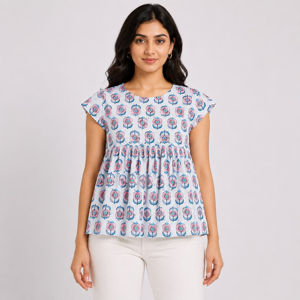 Women's Blue Floral Print Flutter Sleeve Peplum Top-1