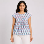 Women's Blue Floral Print Flutter Sleeve Peplum Top-1