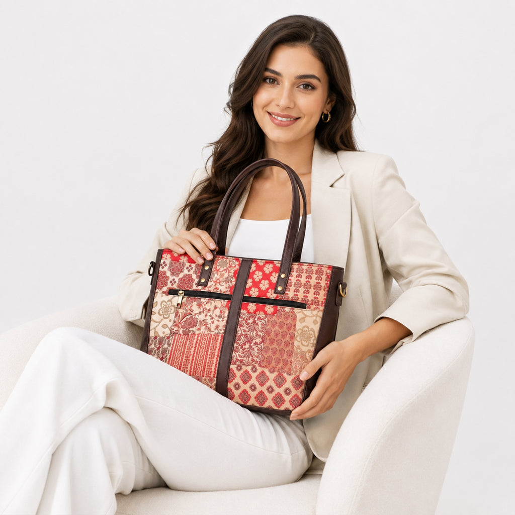 Women's Luxury Patchwork Pink Floral Tote Bag and Matching Pouch Set-3