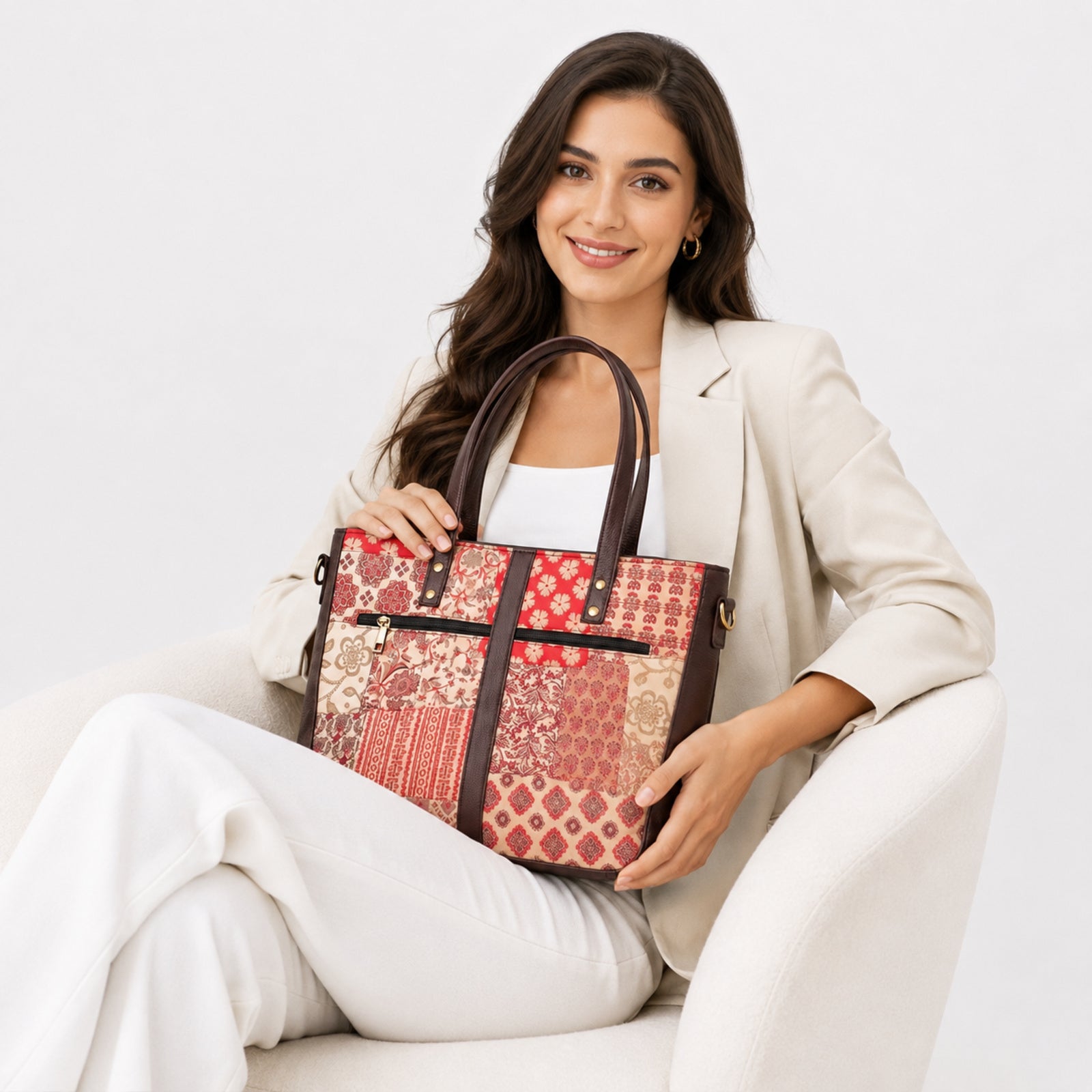 Women's Luxury Patchwork Pink Floral Tote Bag and Matching Pouch Set-3