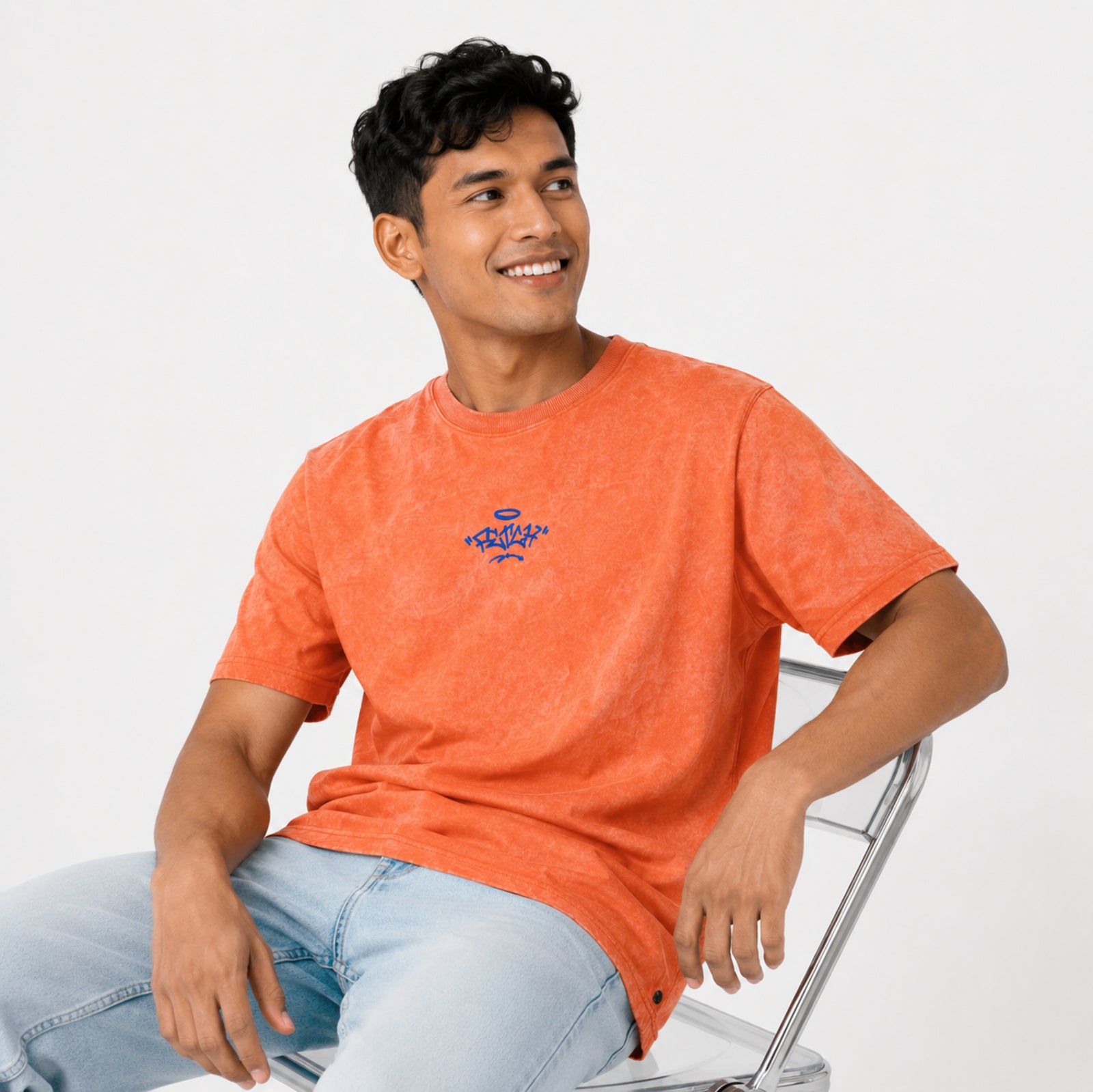 Men's Peach Orange Oversized Graphic T-Shirt-1