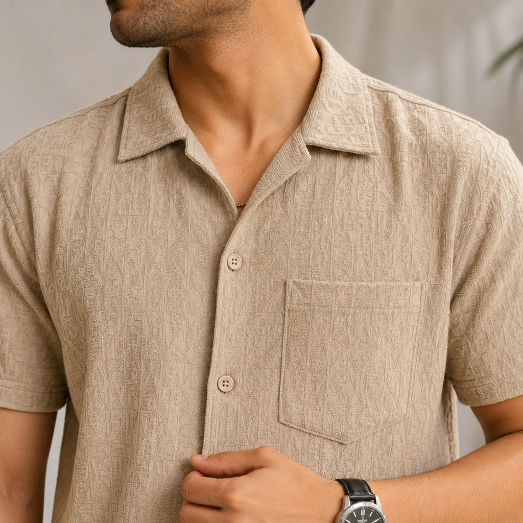 Men's Beige Monogram Textured Cuban Collar Shirt and Shorts Co-ord Set-2