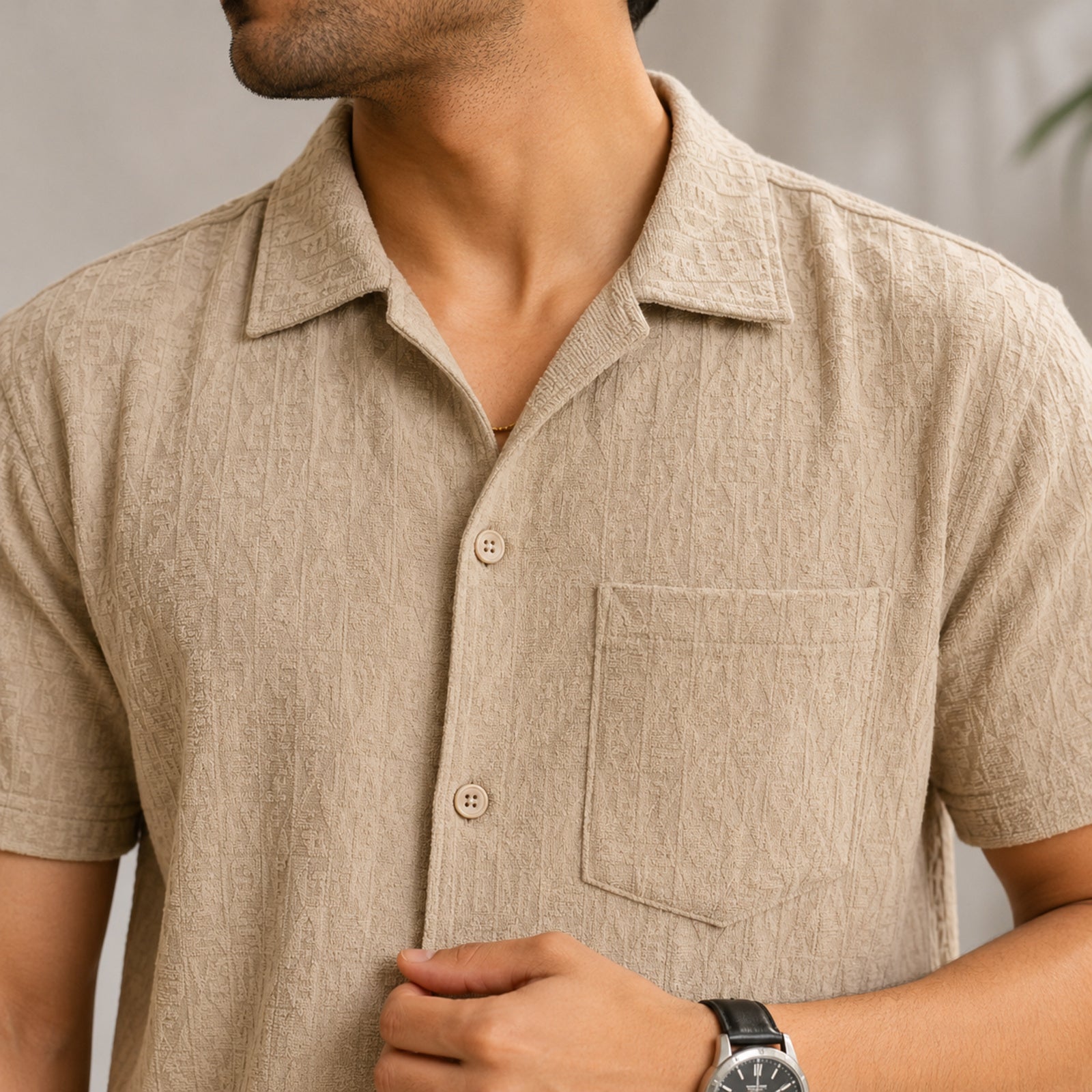 Men's Beige Monogram Textured Cuban Collar Shirt and Shorts Co-ord Set-2