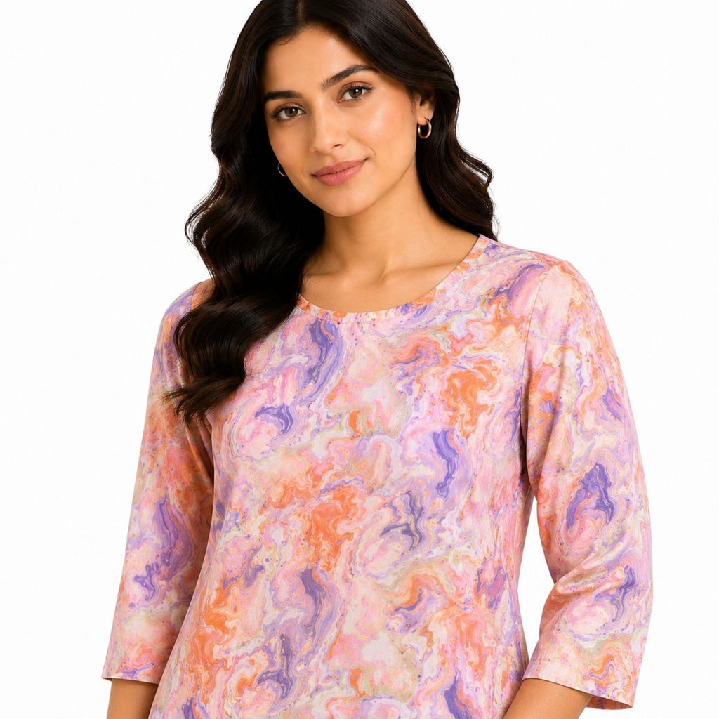 Women's Orange Abstract Marble Print Round Neck Top and Straight Pyjama Co-Ord Set | Relaxed Lounge Set-2