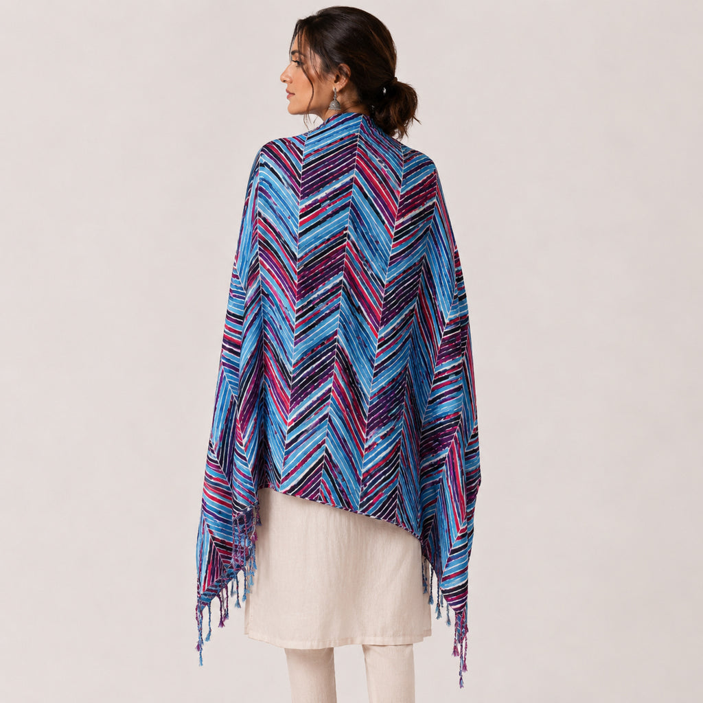 Women's Blue Chevron Striped Tassel Scarf-2
