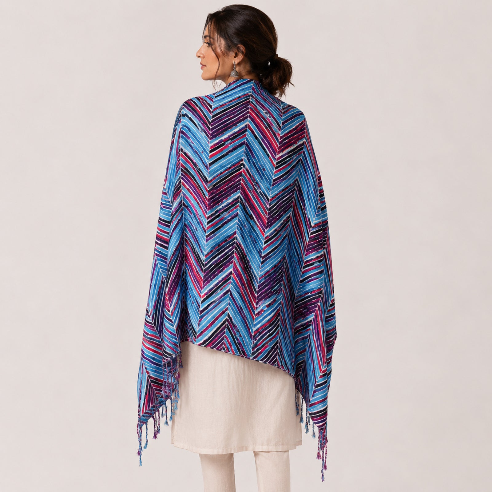 Women's Blue Chevron Striped Tassel Scarf-2