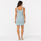 Women's Sky Blue Floral Print Square Neck Bodycon Mini Dress with Side Slit-4