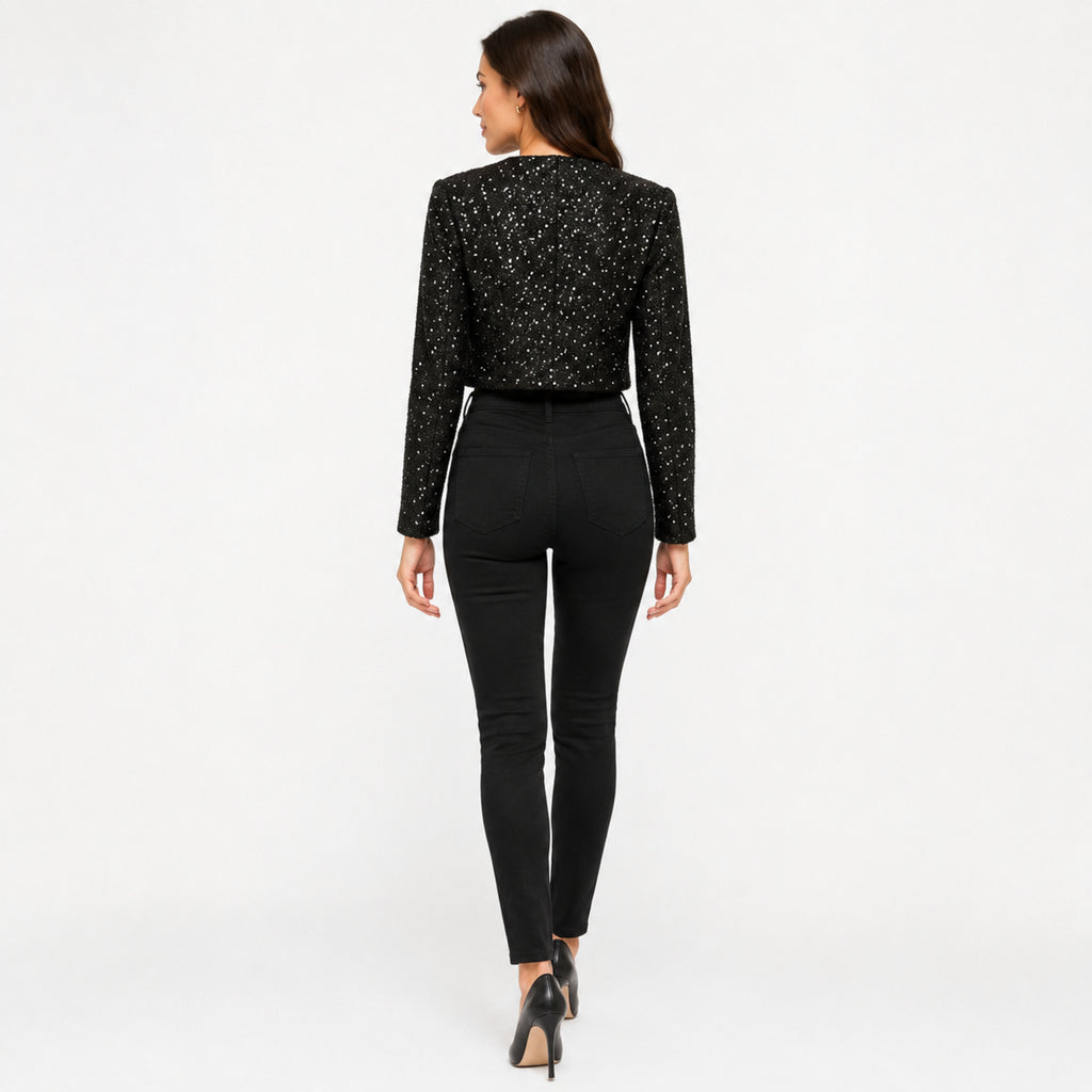 Women's Black Sequin Cropped Open Front Jacket | Glamorous Party Wear Shrug-4