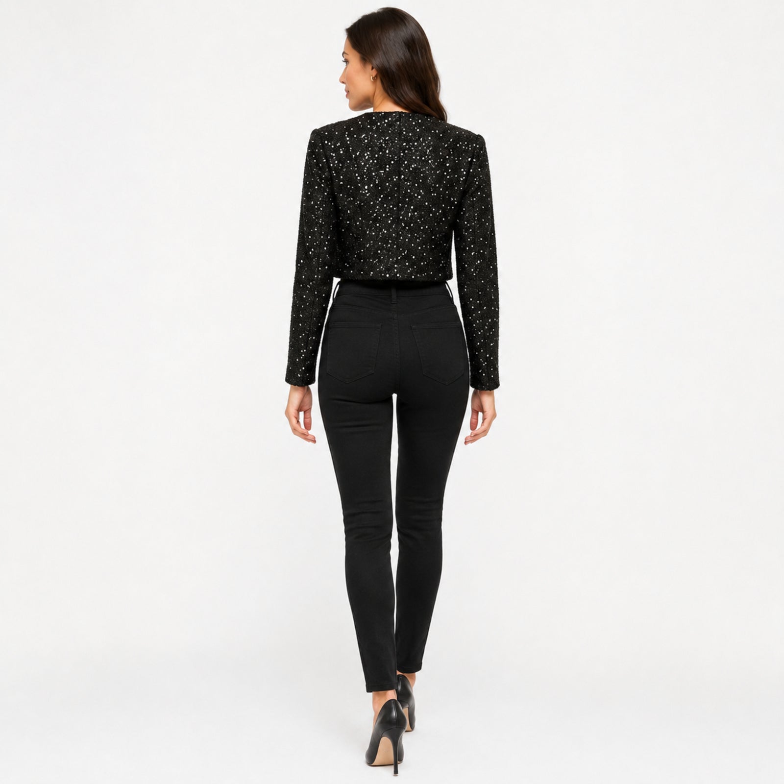 Women's Black Sequin Cropped Open Front Jacket | Glamorous Party Wear Shrug-4