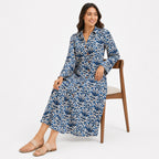 Women's Blue Ikat Print Button-Down Midi Dress with Flared Sleeves-3