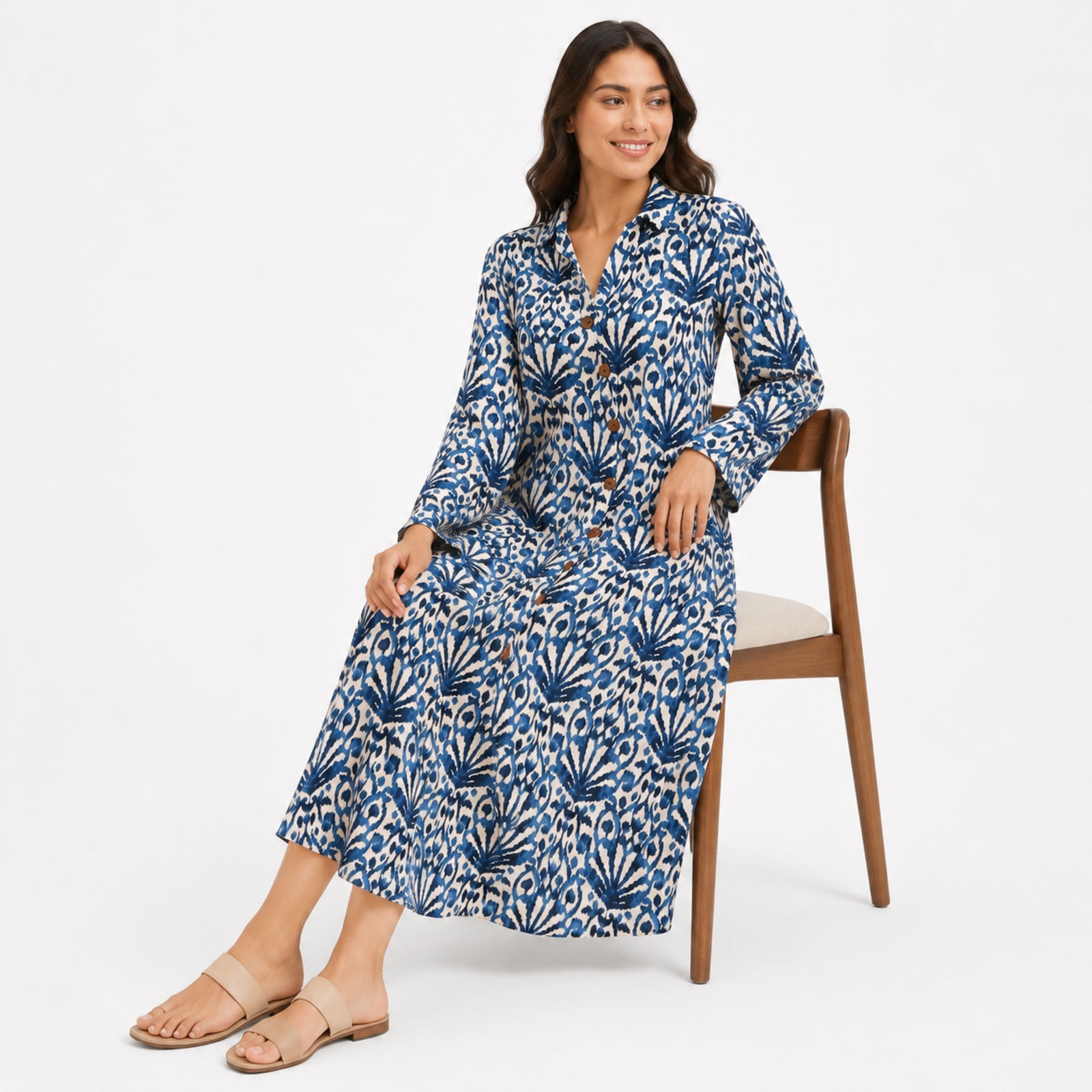 Women's Blue Ikat Print Button-Down Midi Dress with Flared Sleeves-3