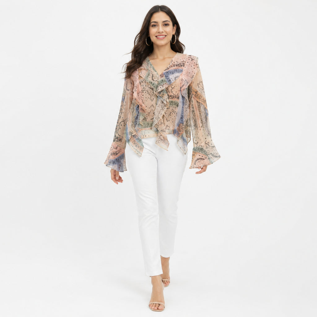 Women's Yellowish Paisley Print Ruffle Top | V-Neck Long Bell Sleeve Sheer Blouse-1