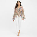 Women's Yellowish Paisley Print Ruffle Top | V-Neck Long Bell Sleeve Sheer Blouse-1