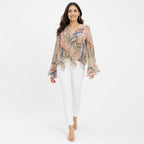 Women's Yellowish Paisley Print Ruffle Top | V-Neck Long Bell Sleeve Sheer Blouse-1