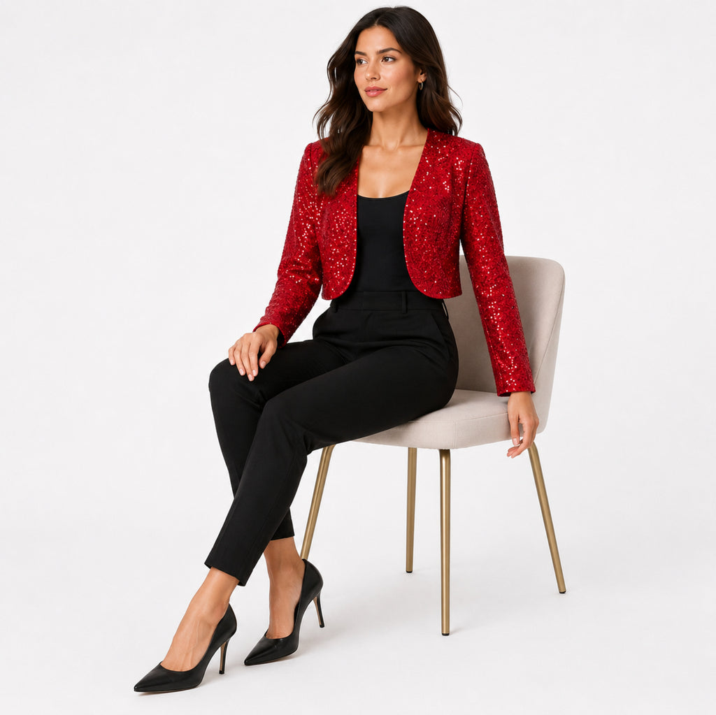 Women's Red Sequin Cropped Open Front Blazer Jacket | Glamorous Party Wear Shrug-2