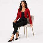 Women's Red Sequin Cropped Open Front Blazer Jacket | Glamorous Party Wear Shrug-2