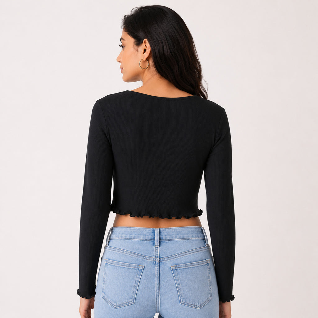 Women's Obsidian Midnight Black Ribbed Long-Sleeve Crop Top with Center Ruched Drawstring and Ruffle Trim-4