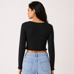 Women's Obsidian Midnight Black Ribbed Long-Sleeve Crop Top with Center Ruched Drawstring and Ruffle Trim-4