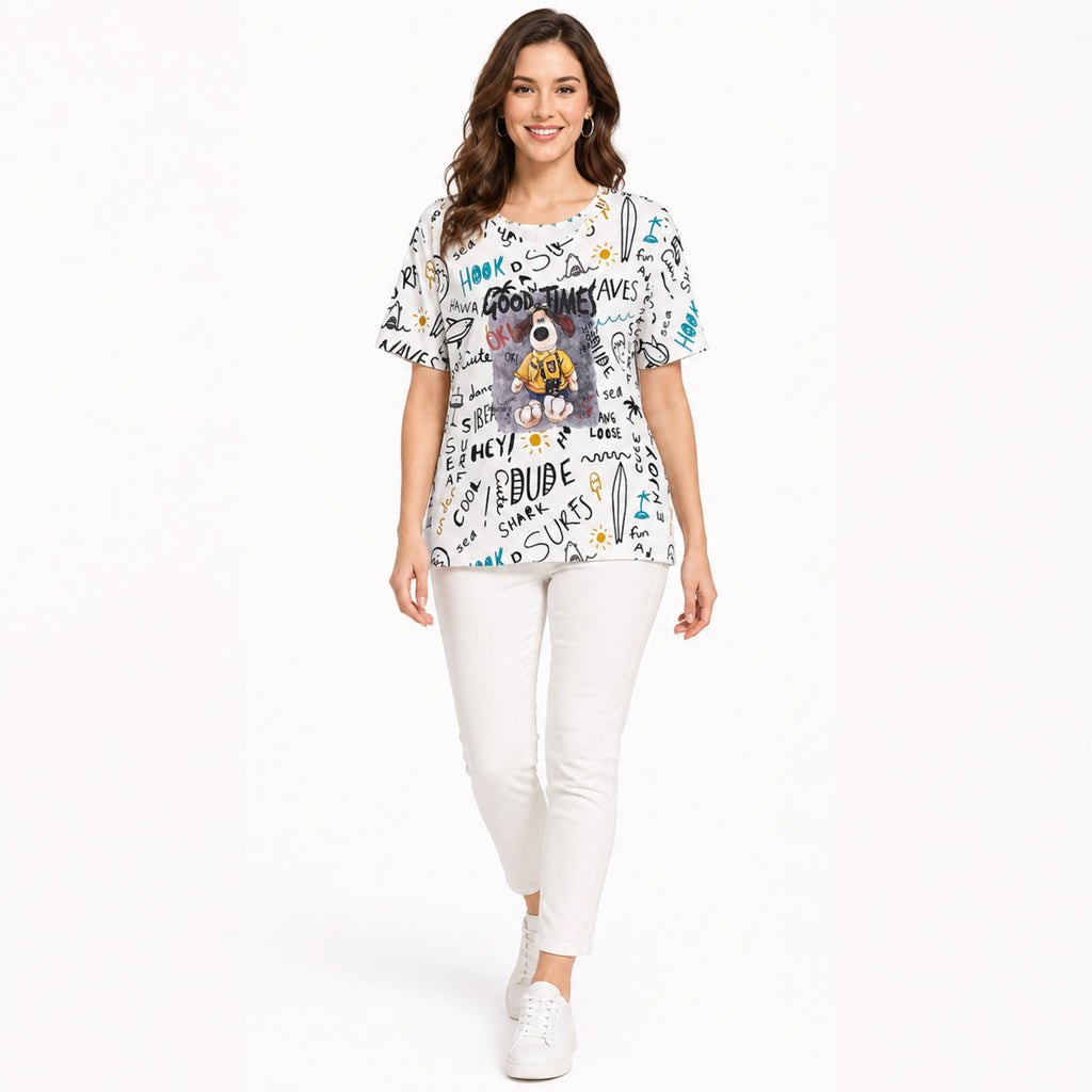 Women's White Graphic Printed Oversized T-Shirt | Casual Round Neck Half Sleeve Tee-1