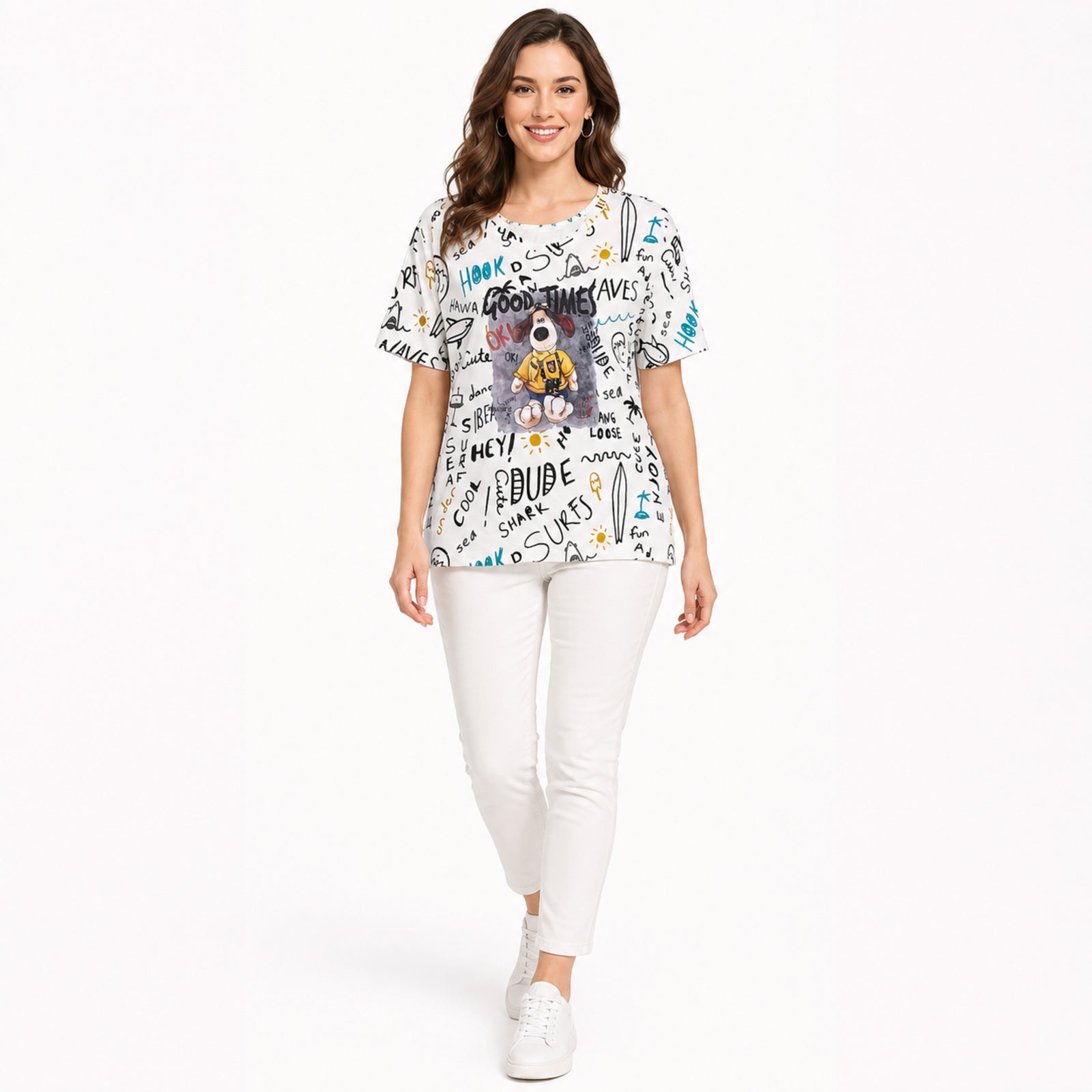 Women's White Graphic Printed Oversized T-Shirt | Casual Round Neck Half Sleeve Tee-1