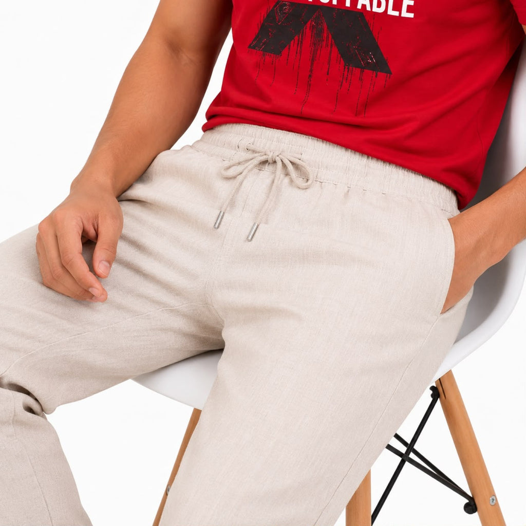 Men's Off White Elastic Waist Jogger Pants with Drawstring Detail-2