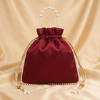 Women's Maroon Embroidered Potli Bag with Pearl Handle-3