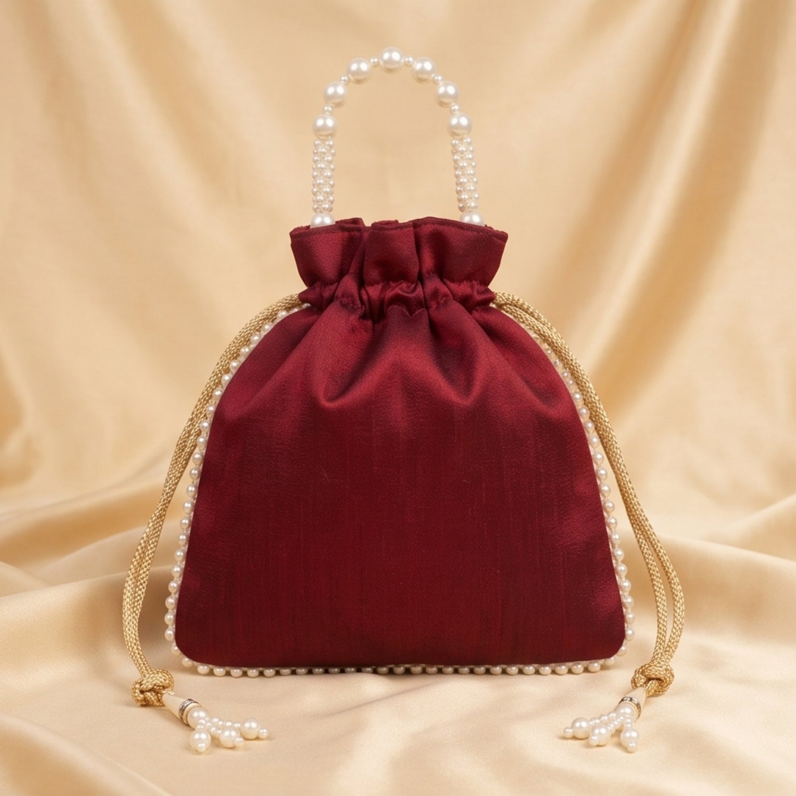 Women's Maroon Embroidered Potli Bag with Pearl Handle-3