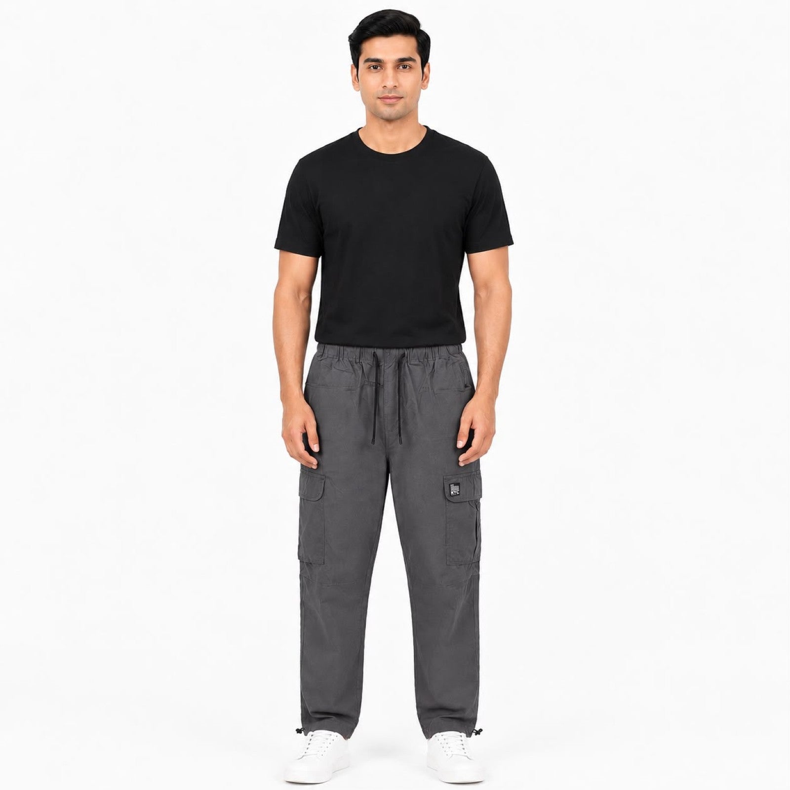 Men's Dark Grey Cargo Jogger Pants with Drawstring Waist-1