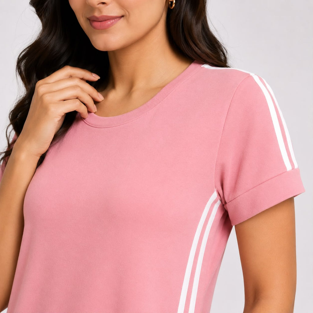 Women's Peach Casual A-Line Dress | Trendy Side Stripe Knee Length Everyday Comfort Dress-3