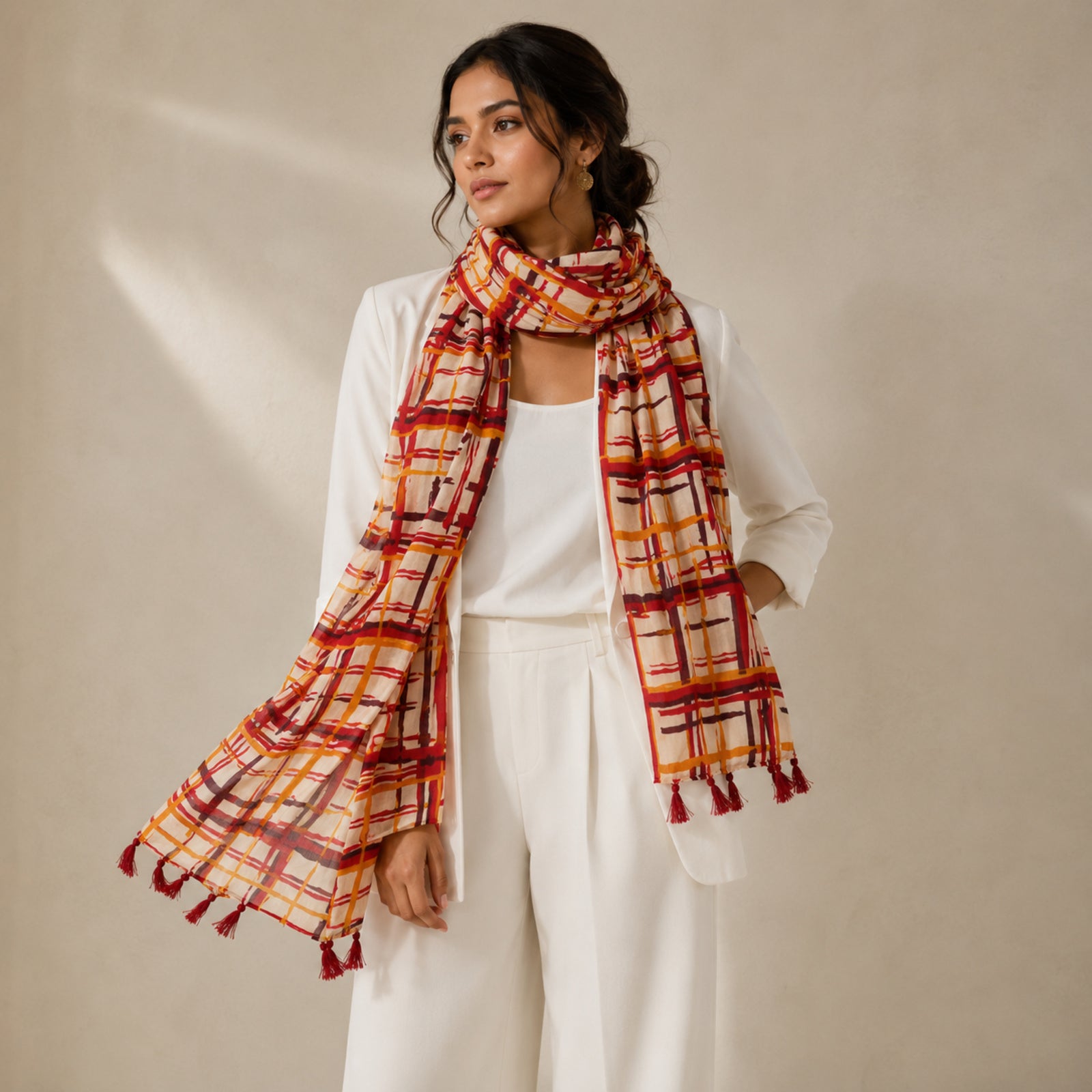 Women's Rust Orange Checkered Tassel Scarf-2