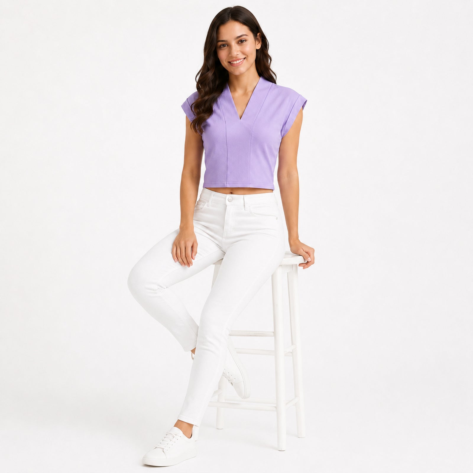 Women's Lavender V-Neck Cap Sleeve Crop Top-3