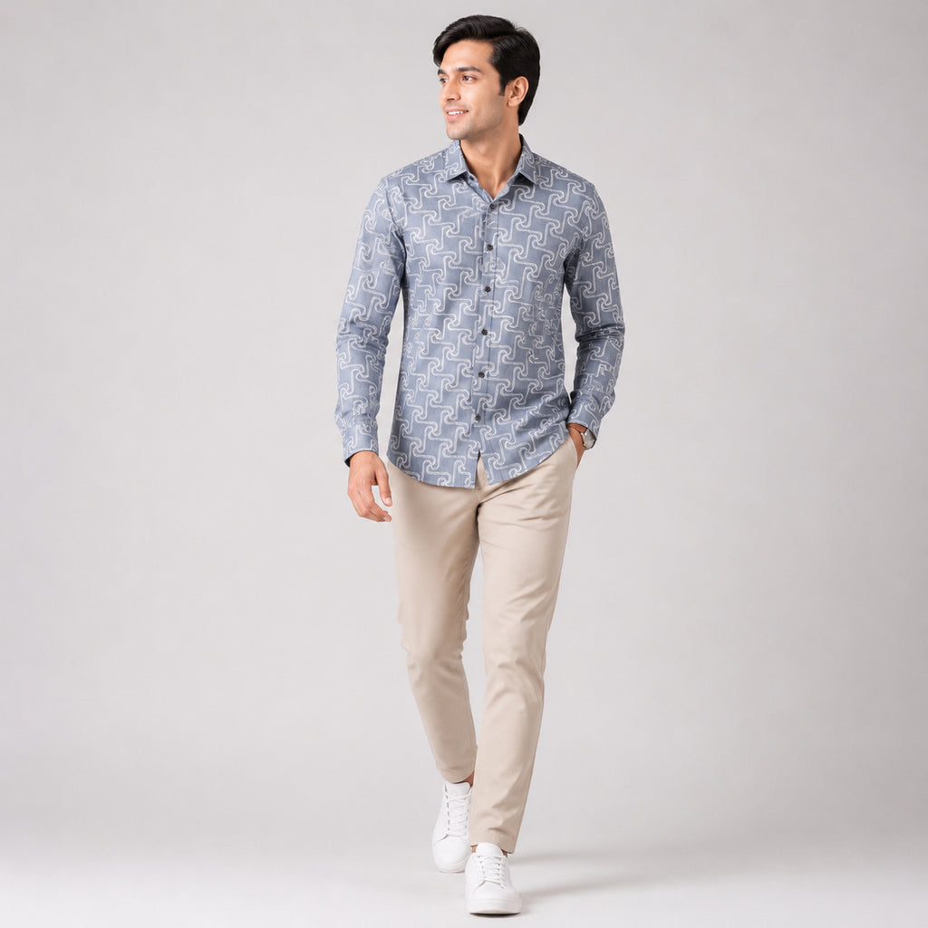 Men's Dark Grey Abstract Geometric Printed Casual Shirt-1