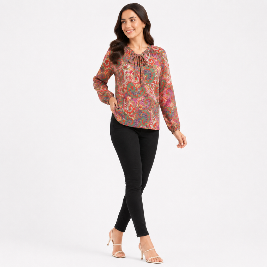 Women's Orange Paisley Print Tie-Neck Full Sleeve Top-3