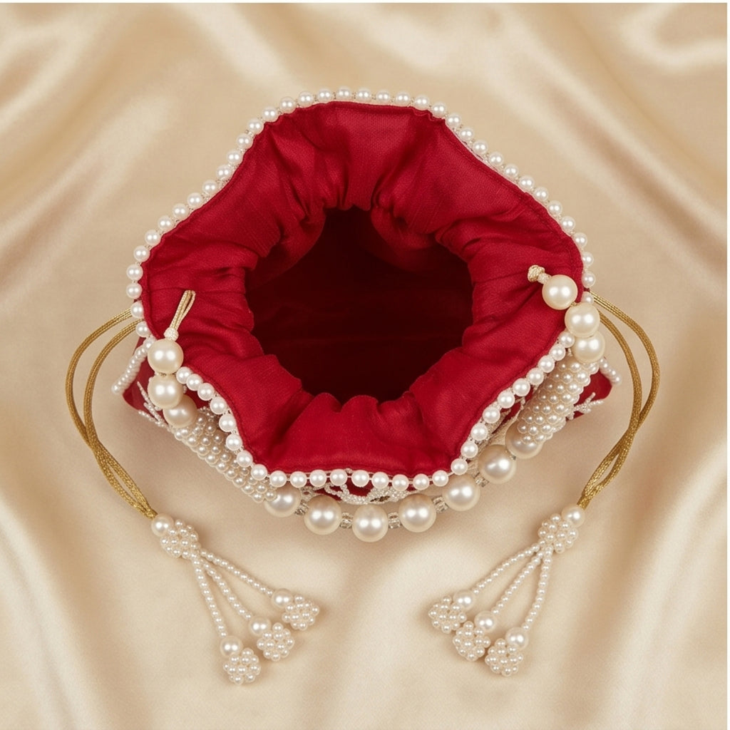 Women's Red Embroidered Potli Bag with Pearl Handle-4