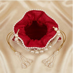 Women's Red Embroidered Potli Bag with Pearl Handle-4
