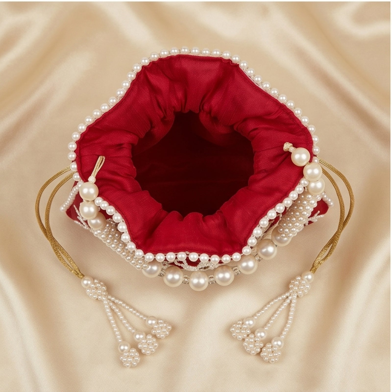 Women's Red Embroidered Potli Bag with Pearl Handle-4