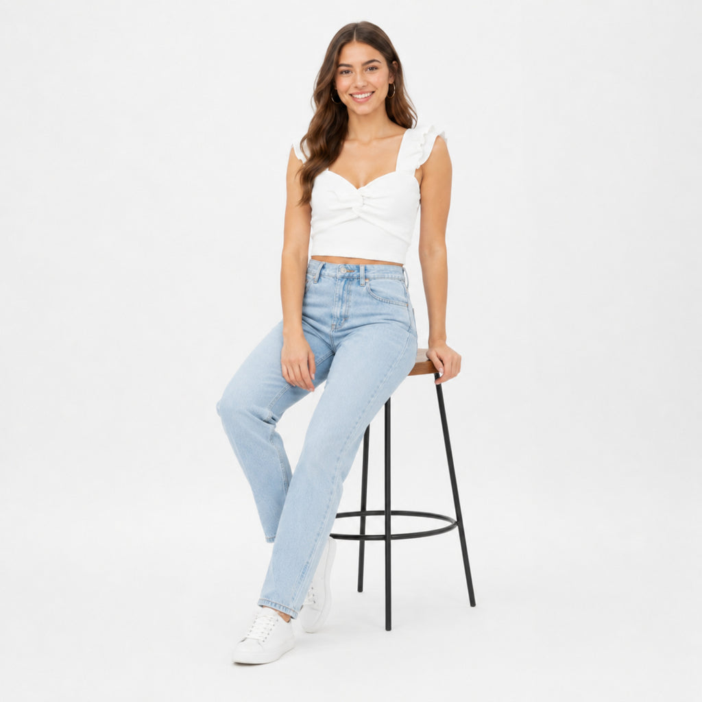 Women's White Sweetheart Neck Ruffle Sleeve Crop Top-3