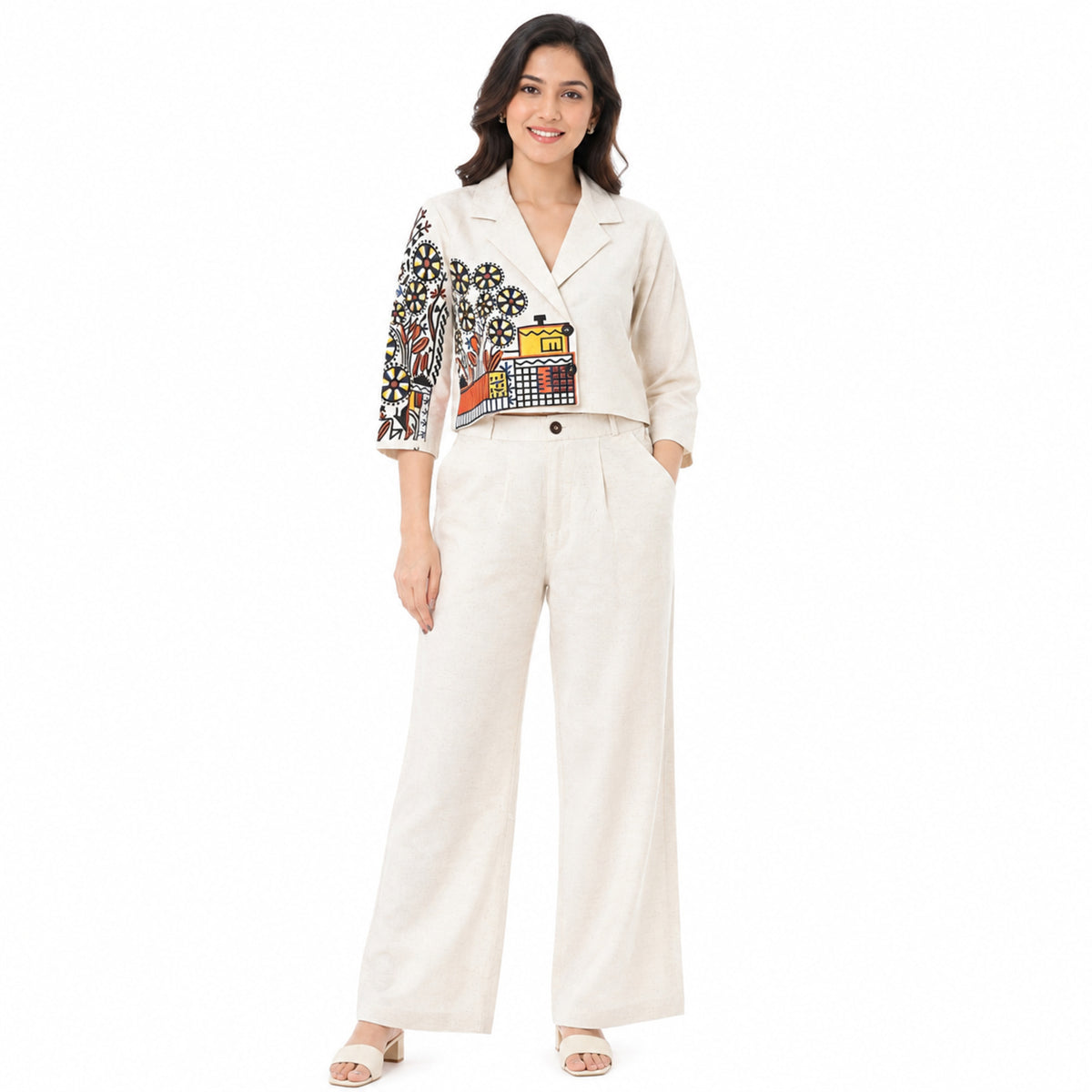 Women's Ivory Printed Cropped Blazer Co-Ord Set-1