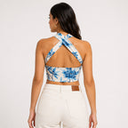 Women's Blue Floral Print Halter Neck Crop Top-4