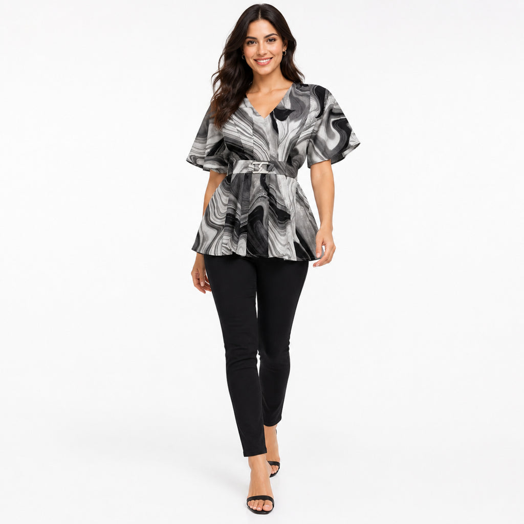 Women's Grey Abstract Print V-Neck Belted Peplum Top | Elegant Casual Everyday Blouse-1