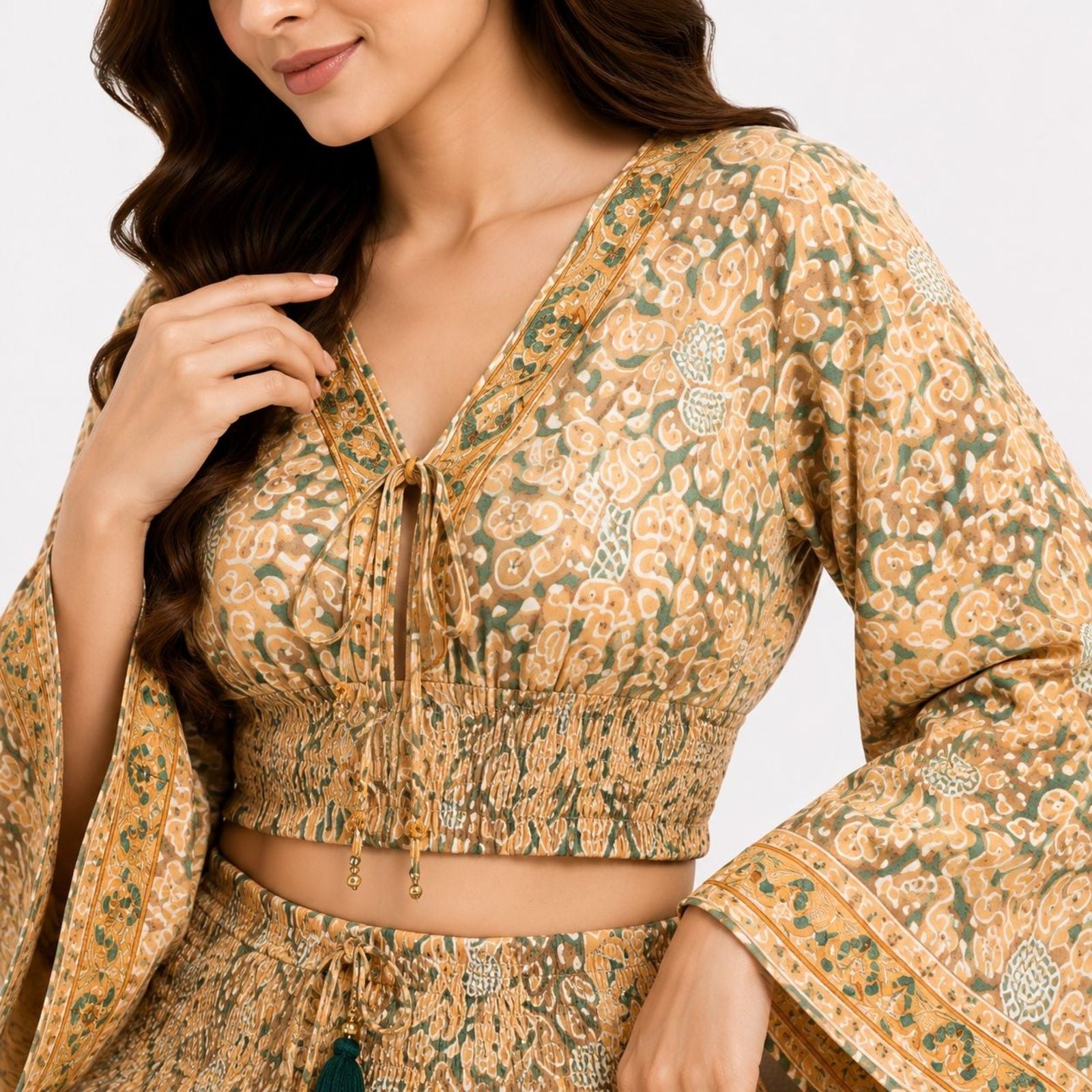 Women's Bohemian Chic Mustard Yellow Floral Flare-Sleeve Crop Top and Maxi Skirt Set-3