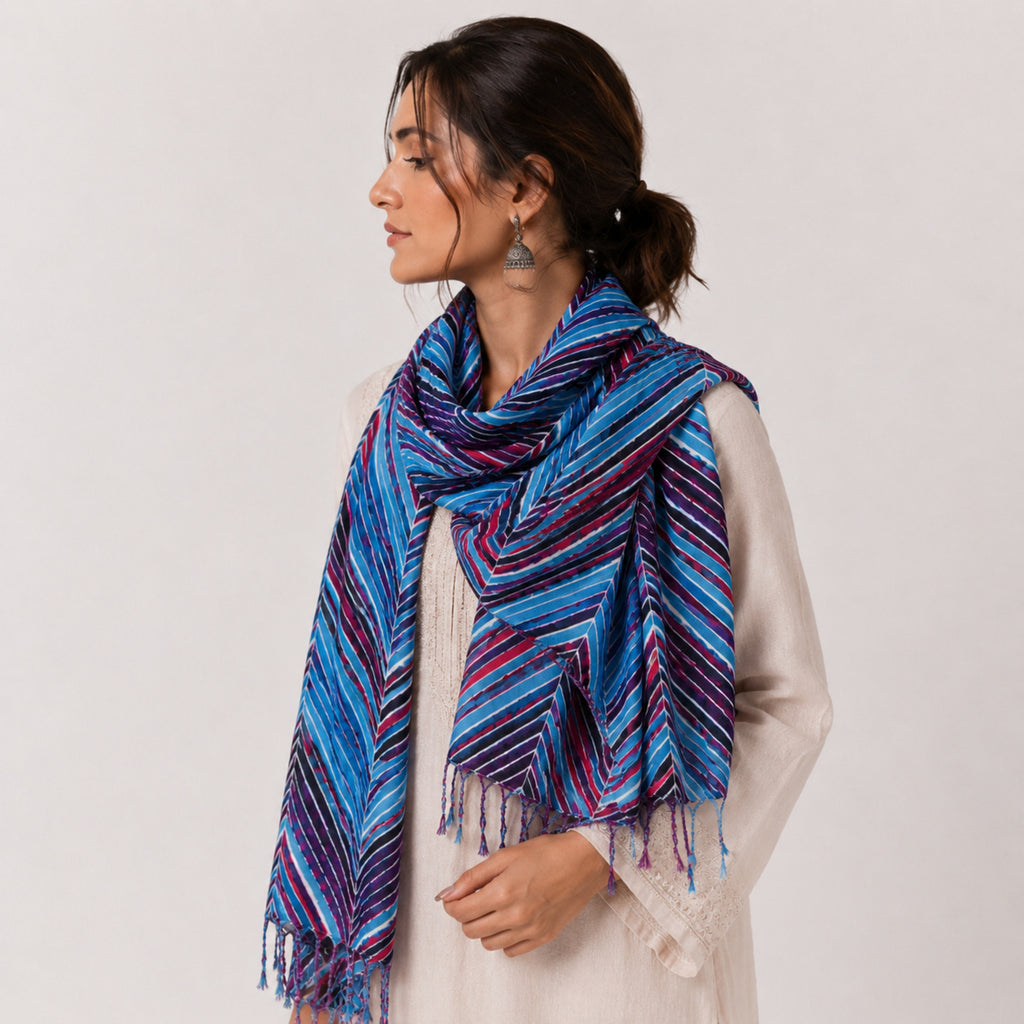 Women's Blue Chevron Striped Tassel Scarf-1