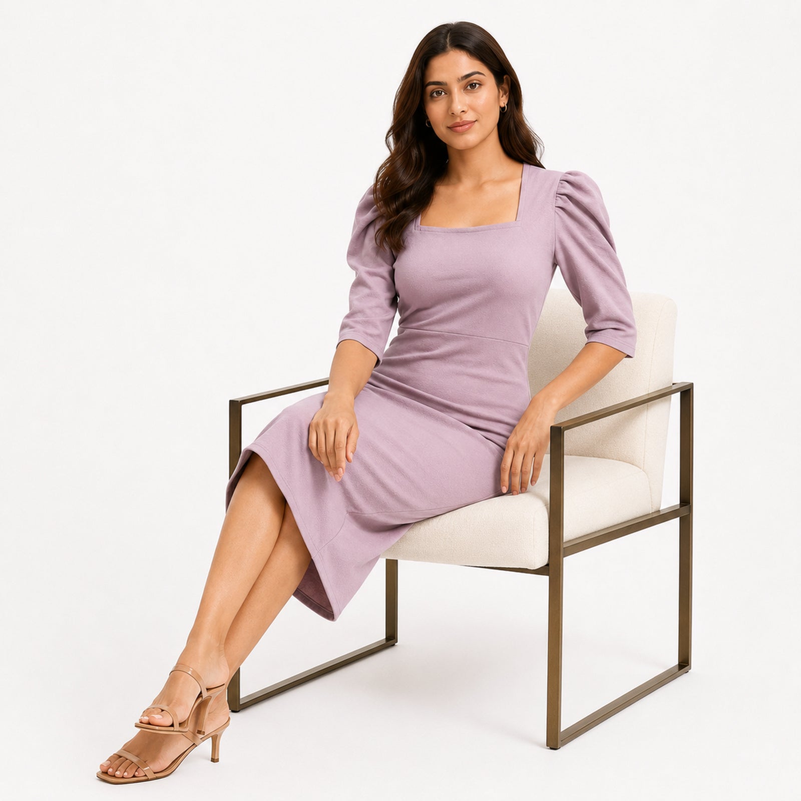 Women's Light Pink Square Neck Bodycon Midi Dress with Puff Sleeves-2