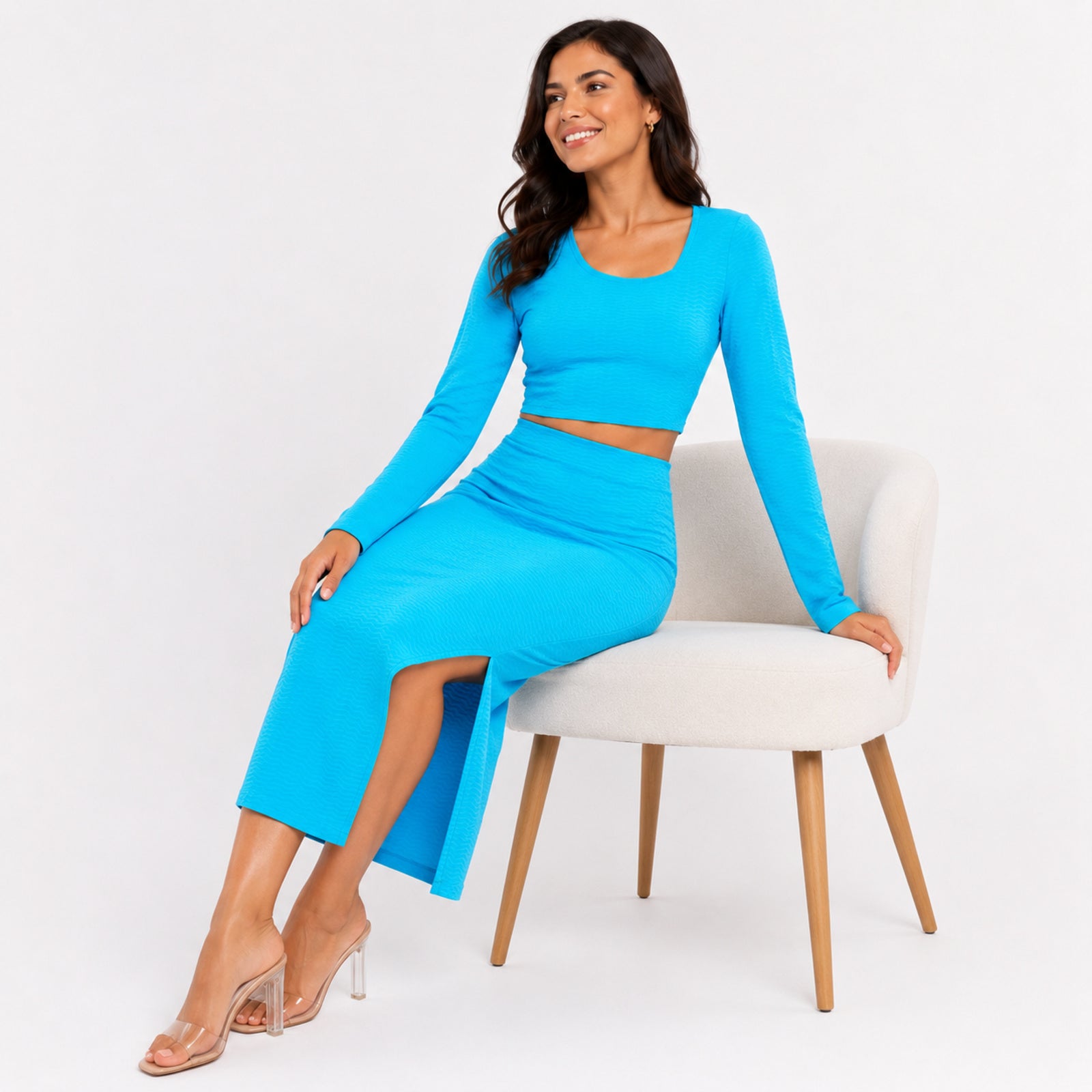 Women's Blue Long Sleeve Crop Top & Midi Skirt Co-Ord Set-2
