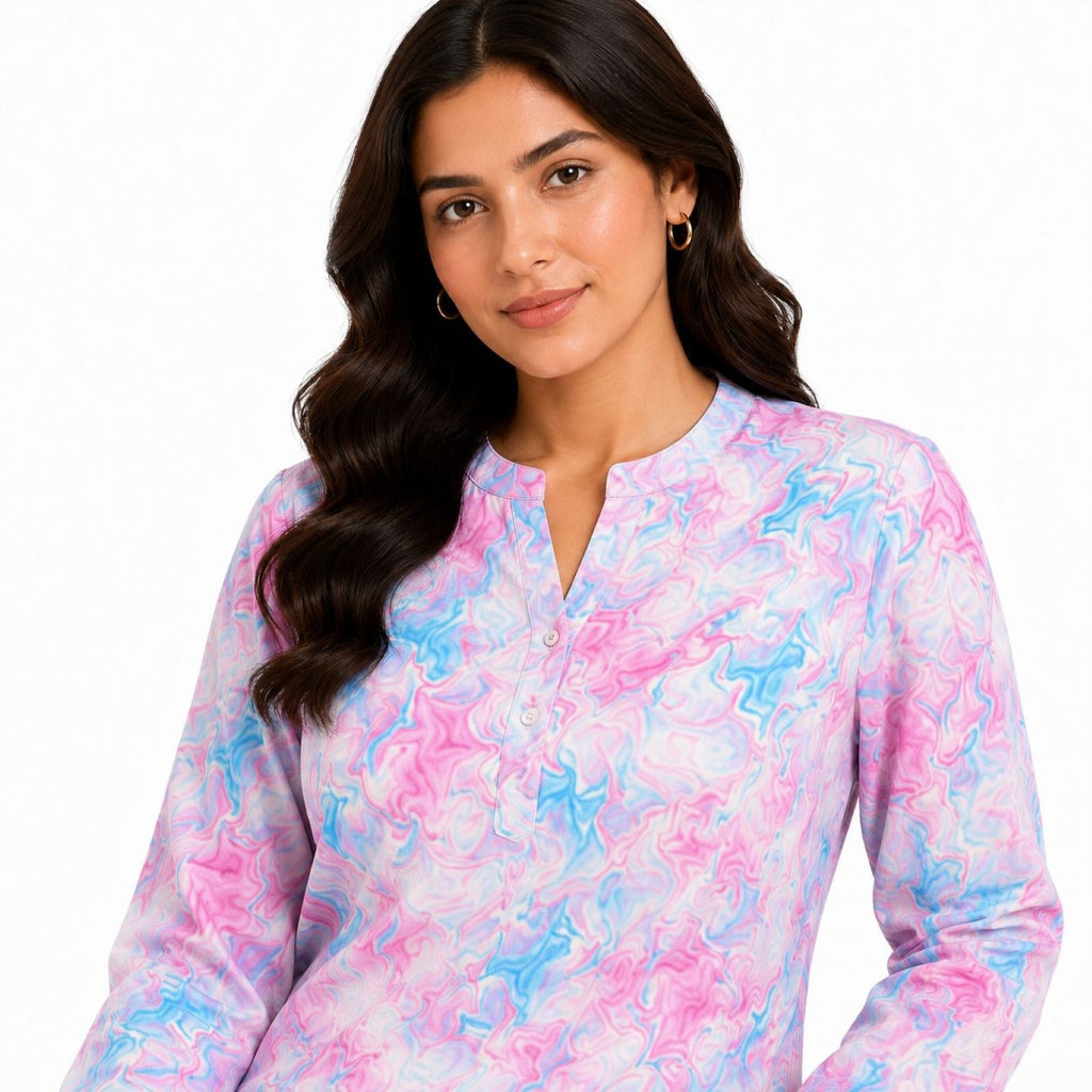Women's Pink Abstract Marble Print Mandarin Collar Top and Straight Pyjama Co-Ord Set | Relaxed Lounge Set-3