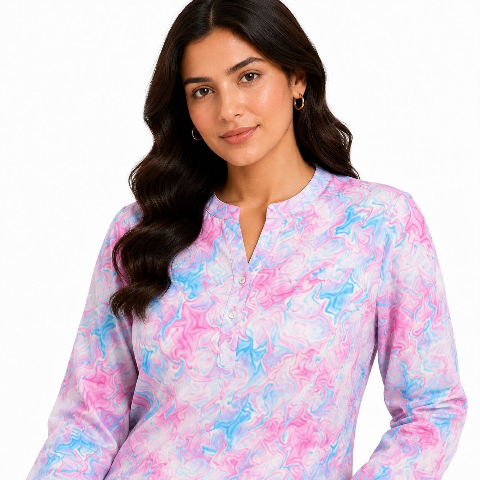 Women's Pink Abstract Marble Print Mandarin Collar Top and Straight Pyjama Co-Ord Set | Relaxed Lounge Set-3